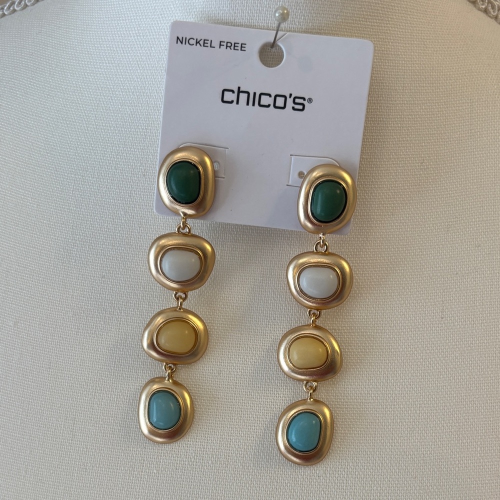 Chico's  NWT Gold-Tone Drop Earrings with Green, White, Yellow, Teal Cabochons